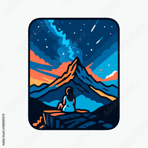 Night sky meditation by luminous mountains and river, person stargazing under a glowing galaxy with vivid blue and orange landscape