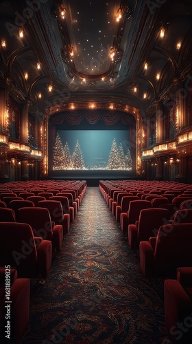Elegant theater interior with red seats and holiday trees illuminated on stage during a winter evening performance
