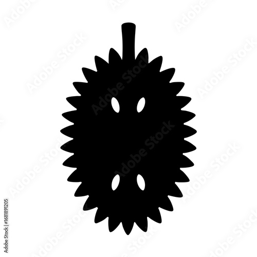 Silhouette of a durian fruit with seeds, spiky rind, and stem