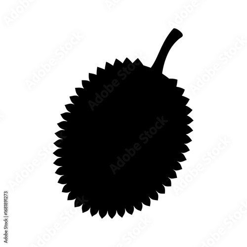 Silhouette of a spiky tropical fruit, possibly a durian, in solid black