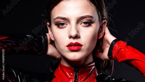 Woman in red and black fashion jacket