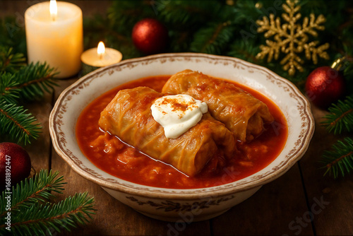 Traditional Hungarian stuffed cabbage (töltött káposzta) served in paprika sauce on a festive Christmas table
