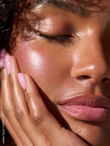 extreme close-up of a black womanâ€™s face with glossy lips, flushed cheeks, natural dewy skin, and pastel pink manicure gently pressing her cheek, soft lighting, editorial skincare style