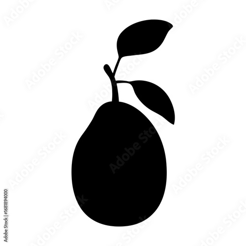 A striking silhouette of a ripe pear with stem and two leaves