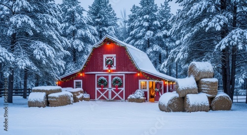 Festive Red Barn Decorated for Winter Holidays Surrounded by Snow Covered Trees and Hay Bales