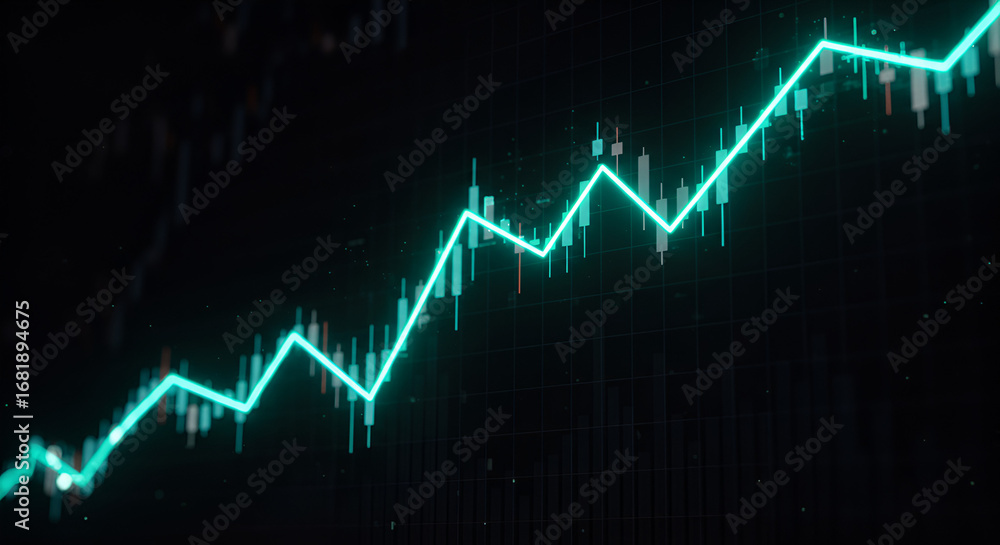 Naklejka premium Dynamic finance dashboards: rising charts, bars, and neon trend lines