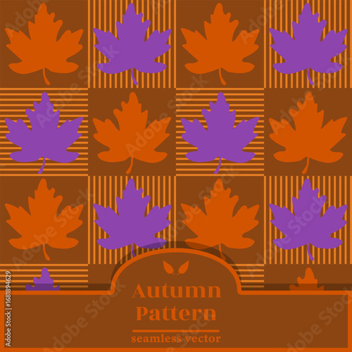 A timeless checkered pattern with alternating cells in warm orange and dark brown. Every second cell features stylized maple leaves in gold and burgundy. Ideal for cozy autumn-themed designs