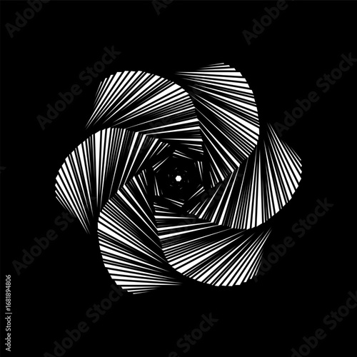 Abstract fractal shape. Line flower spiral pattern. Fractal flower, dynamic circle wave, line tunnel, twist star. Futuristic design element on black background. Vector illustration