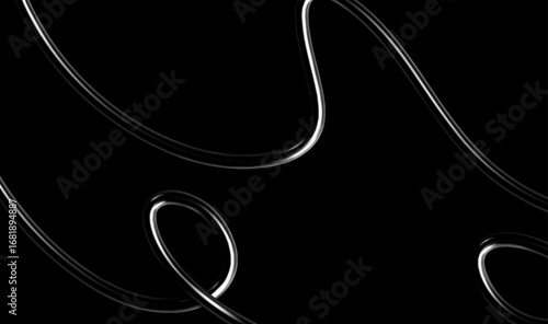 3d chrome spiral template. Silver metal curve element on black background. Y2k fluid wave, flow swirl, 3d line path. Dynamic steel shapes. Vector trend 3d illustration
