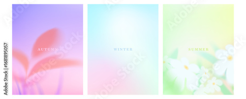 Blur gradient autumn, summer, winter background. Abstract gradation green, yellow blur color backdrop. Blurry autumn leaves, summer flower, winter blue sky. Soft gradient mesh illustration