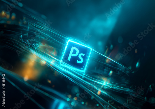Glowing Neon Photoshop Icon with Futuristic Light Streaks