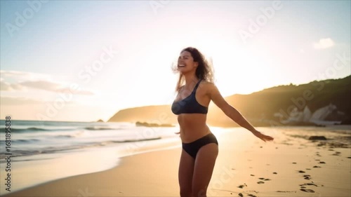 Woman running on beach sunset