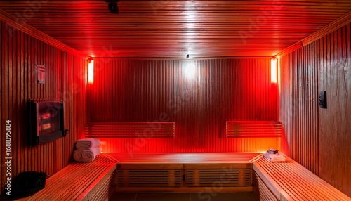 modern infrared sauna with red led lighting in wooden room offers health wellness relaxation therapy heat spa cabin interior design for luxury comfort well being provides detox body temperature
