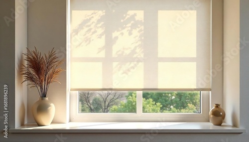 Modern cellular shades elegantly filtering sunlight, casting soft shadows on a minimalist windowsill The neutral tones create a serene atmosphere in a contemporary interior , shadows, home, simple