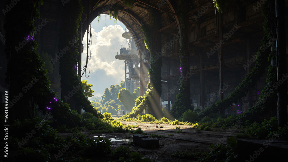Obraz premium Nature Reclaims Abandoned Factory: Sunlight Pierces Lush Foliage with Mysterious Violet Lights