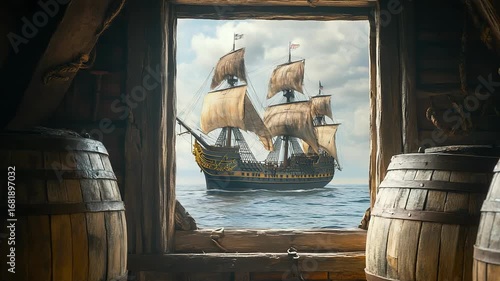 Old galleon sailing on ocean seen through wooden ship window at daylight
