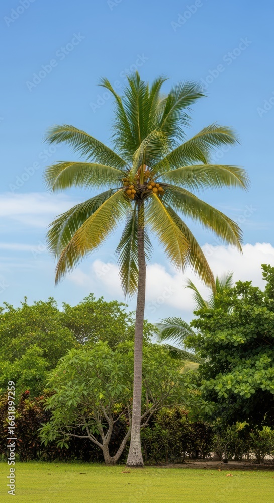 Naklejka premium Tall palm tree in tropical landscape with clear blue sky and lush greenery