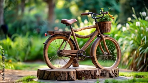 Wooden bicycle in garden setting
