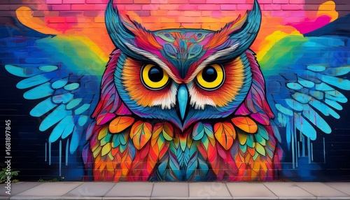 vibrant colorful owl mural painted on brick building wall urban street art