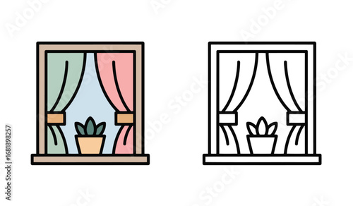 Iconic Window Decor Illustration Featuring Indoor Potted Plant and Curtains in Decorative Color and Black Version