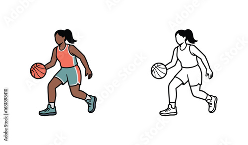 Female Basketball Player with Ball in Action Poses, Athletic Sportswear and Black and White Outline Version
