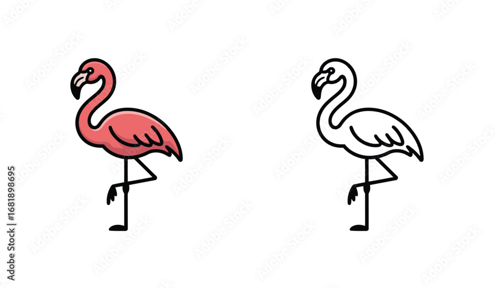 Obraz premium Two Cartoon Flamingo Illustrations One in Color and One Outlined on a White Background