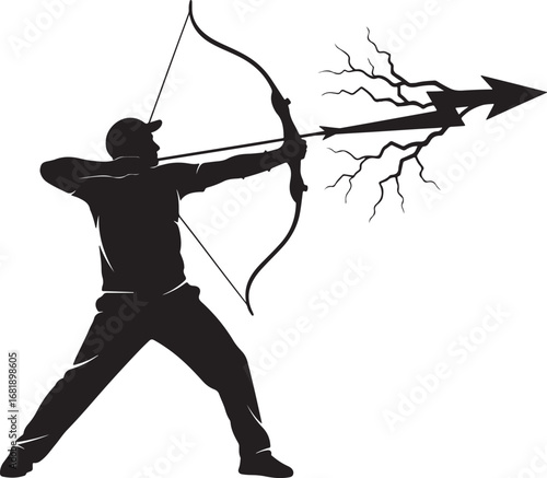 Archer Pulling Bow with Lightning Bolt Arrow Silhouette Logo, Focus Energy Precision Concept, Minimalist Vector