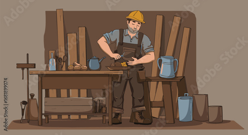 Skilled craftsman in a hard hat working with wood, a detailed vector illustration of a carpenter in his workshop