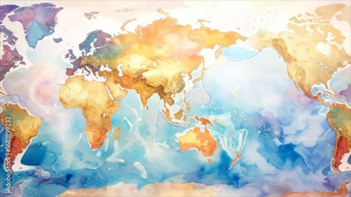 World map illustration in watercolor style depicting continents and oceans for travel or educational concept
