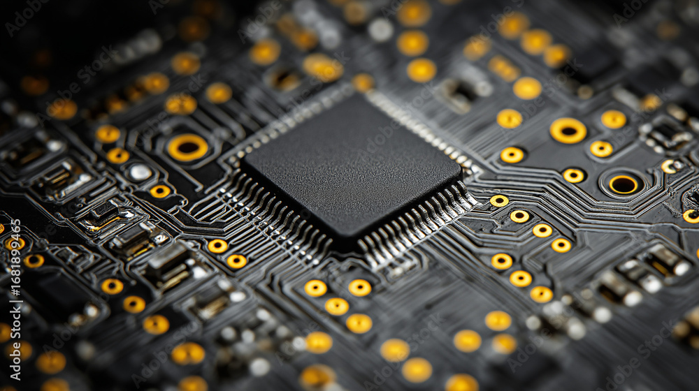 Fototapeta premium A black circuit board with a microchip closeup, showcasing intricate electronic pathways, components, and the complexity of modern technology.