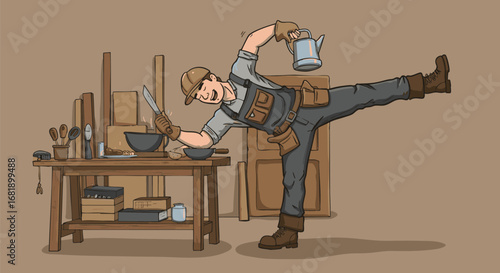 Creative handyman having fun at work, balancing playfully while mixing a special concoction in his workshop
