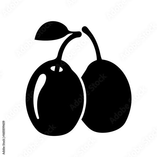 Two black plums on a branch with a leaf, minimalist style