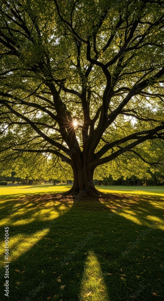 Obraz premium Majestic oak tree with sunburst through branches in sunlit park