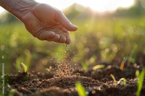 Ultra-realistic scene showing a farmer's hand holding a handful of chemical fertilizer granules over farmland soil, granules falling in slow motion, blurred green field background, natural daylight
