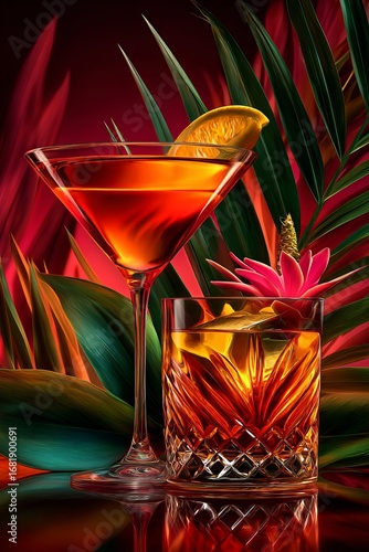 Two different cocktails in a martini glass, palm leaves in the background