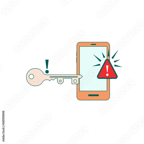 Key and smartphone with alert icon, security and notification concept, mental health & digital detox, digital access, warning on transparent background