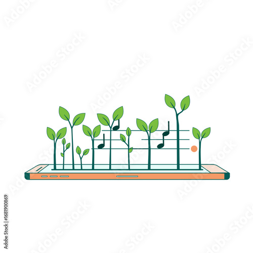 Plants growing alongside musical notes on smartphone, mental health & digital detox, nature and music integration, digital art on transparent background
