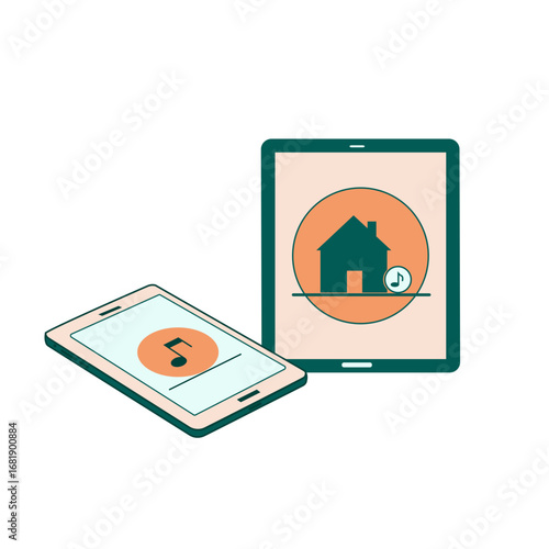 Smartphone and tablet with music and home icon, mental health & digital detox, digital media concept, entertainment, technology on transparent background
