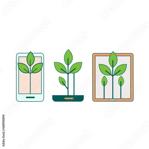 Plants growing on smartphone and tablet screens, mental health & digital detox, digital nature concept, eco-friendly technology on transparent background