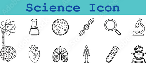 Collection of science icons including atom, flask, DNA, microscope, brain, heart, lungs, skeleton, test tube, and mortar and pestle, isolated on transparent background