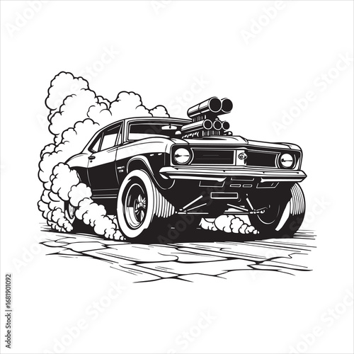 Muscle car line art illustration, Classic sports car black and white drawing, Retro muscle car racing illustration, Powerful car outline illustration, Vintage muscle car sketch art