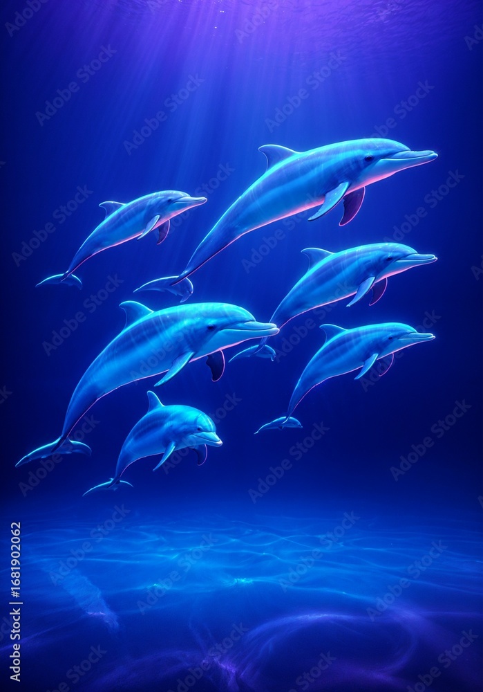 Obraz premium Dolphin Pod Swimming in Deep Blue Ocean with Sunlight Rays
