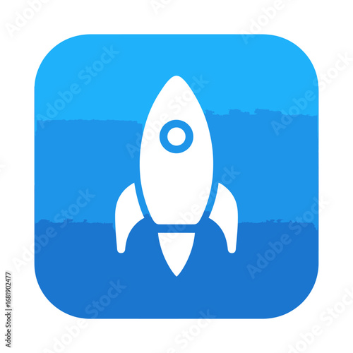Minimalist rocket ship icon on a blue background, symbolizing a new project launch, startup boost, and rapid technological progress
