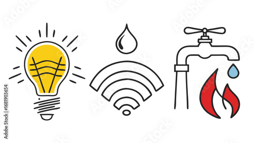 home utility icons set with electricity water wifi and gas services - essential infrastructure symbols isolated on white background.