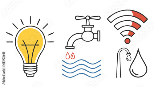 essential home utility icons showing electricity water internet and power - basic services illustration design isolated on white background.