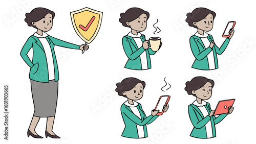 businesswoman in green blazer showing multiple professional activities - office worker poses illustration design isolated on white background.