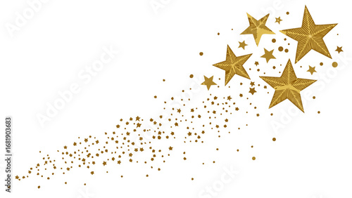 golden stars with sparkling trail on white background - celestial decoration design isolated on white background.