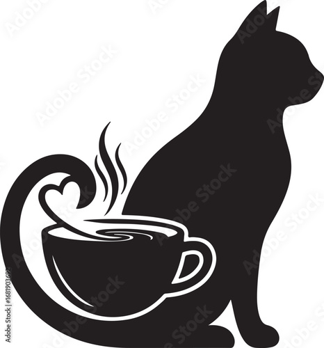 Cat with Tail Heart Coffee Cup Silhouette Logo, Pet Café Love Lifestyle Creative Minimalist Vector Design Isolated