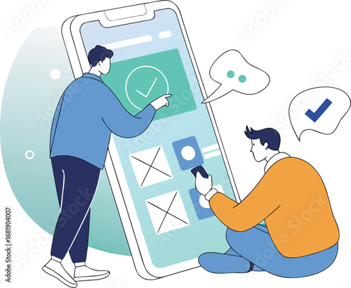 People interacting with mobile app interface on large smartphone screen application