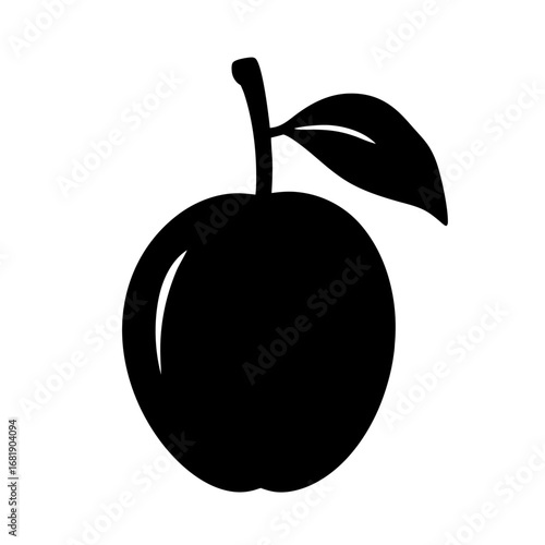 Monochrome graphic image depicting a simple apple with stem and leaf